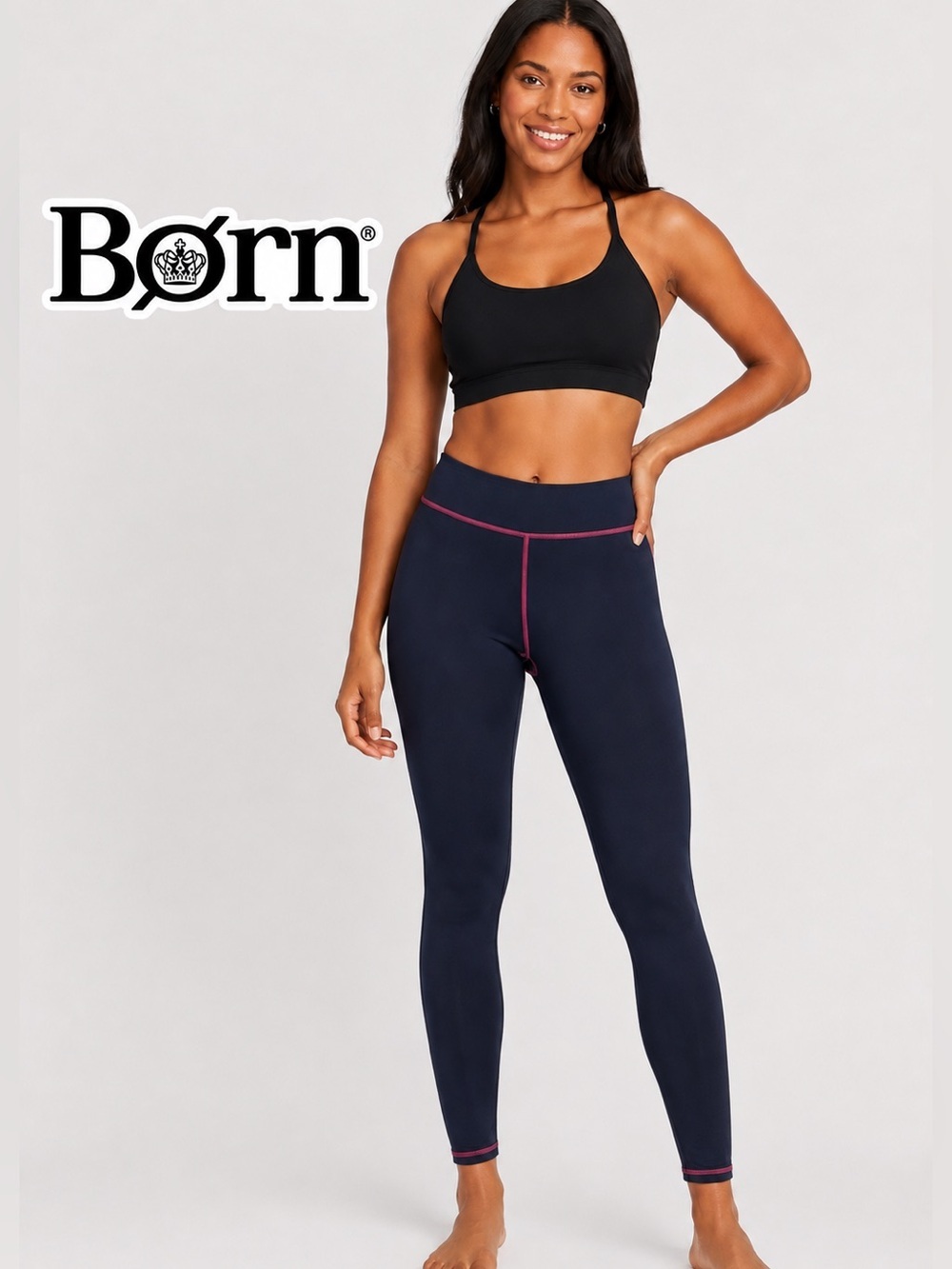 Born Outdoor Women's Base Layer Leggings in a navy and pink colorway